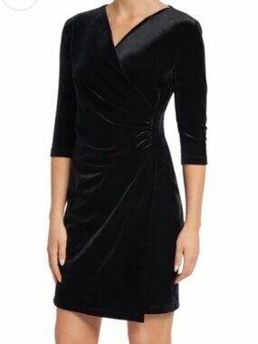 ANATOMIE Marine Faux Wrap 3/4 Sleeve Velvet Travel Dress in Black Women's L NWT